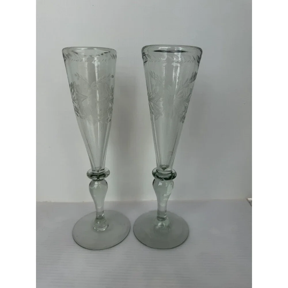 Rios Interiors Hand Blown Etched Champagne Flutes Set of 2 Floral Glass 10” Boho
